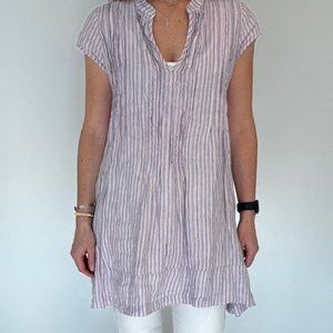 CP Shades, Regina Cap Sleeve linen tunic, Small, light pink with blue stripes